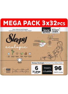 Sleepy Pack Of 96 Organic Baby Dry Diaper, Ecologic Size 6, Hypoallergenic, Plant-Based, Biodegradable, Sustainable, Premium Taped Diapers With High Absorption, 15-27 Kg, 100% Leakproof, 3 X 32 Pieces  - Image 1