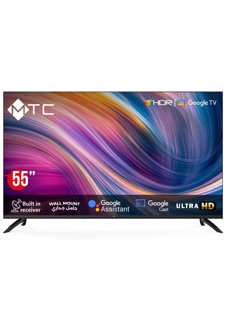 إم تي سي شاشة ذكية - جوجل تي في عالي الوضوح UHD - مقاس 55 بوصة - مع ريسيفر مدمج، ومساعد جوجل - مع حامل جداري - MT55UH450GO - Image 1