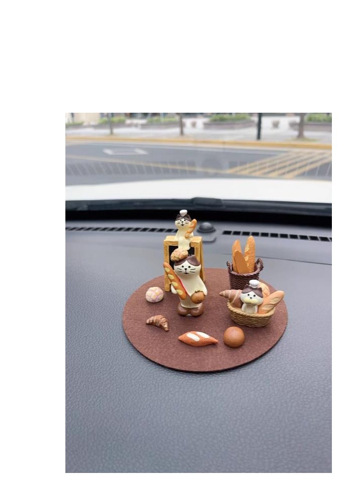 Bread Cat Set 5-piece - Car Interior Decoration Ornament Ornament - Cute Ornament of Healing Series in Car Center Console - (Using Stick Cat+Shop Cat+Stick+Mini Bread+Brown Round Pad) - Image 4