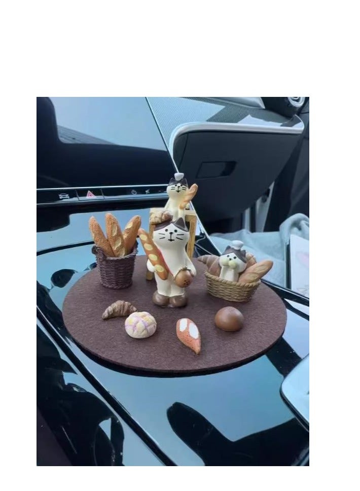 Bread Cat Set 5-piece - Car Interior Decoration Ornament Ornament - Cute Ornament of Healing Series in Car Center Console - (Using Stick Cat+Shop Cat+Stick+Mini Bread+Brown Round Pad) - Image 3