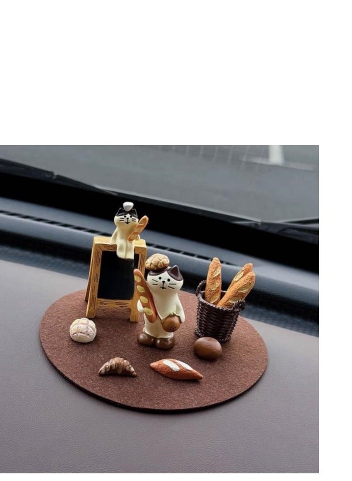 Bread Cat Set 5-piece - Car Interior Decoration Ornament Ornament - Cute Ornament of Healing Series in Car Center Console - (Using Stick Cat+Shop Cat+Stick+Mini Bread+Brown Round Pad) - Image 1