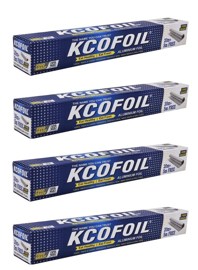 KCOFOIL ورق لف ألومنيوم فضي من Kcofoil بطول 25 متر، سمك 11 ميكرون، غلاف طعام، مقاوم للبكتيريا، للاستخدام مرة واحدة، مناسب لتغليف الطعام، الشيشة، ورق ألومنيوم للأطعمة الطازجة (عبوة من 4 قطع) - Image 1