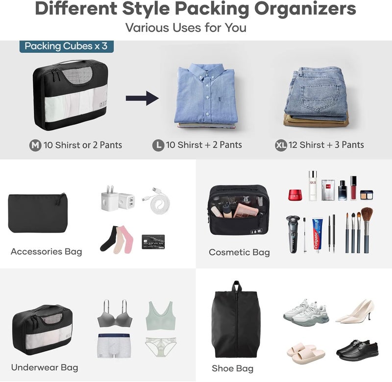 Veken 8 Set Packing Cubes for Suitcases Travel Essentials for Carry on Luggage Organizer Bags Set for Travel Accessories in 4 Sizes Extra Large Large Medium Small Black Pack of 2 - Image 4