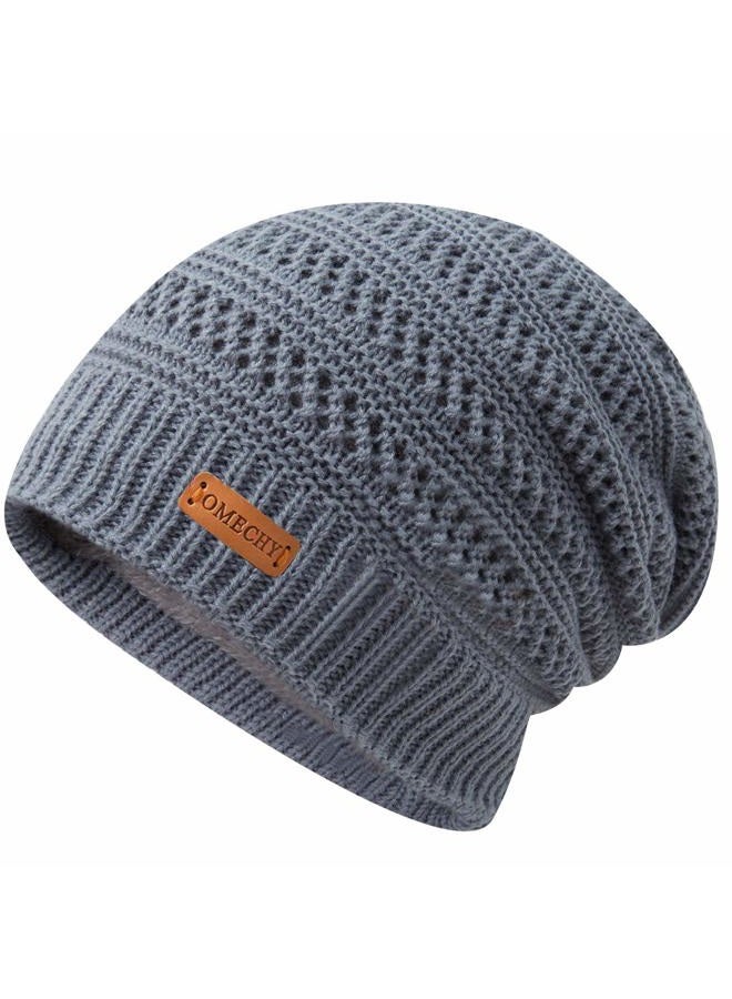 OMECHY Winter Knit Warm Hat for Mens & Women Stretch Plain Beanie Cuff Toboggan Cap, Grey, One size - Image 1