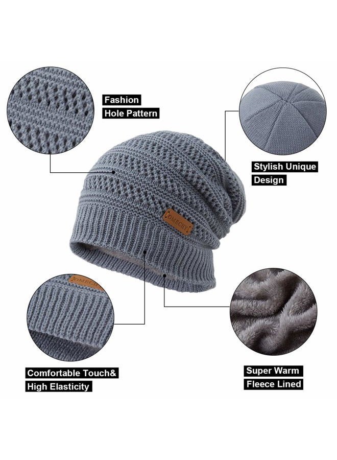 OMECHY Winter Knit Warm Hat for Mens & Women Stretch Plain Beanie Cuff Toboggan Cap, Grey, One size - Image 3