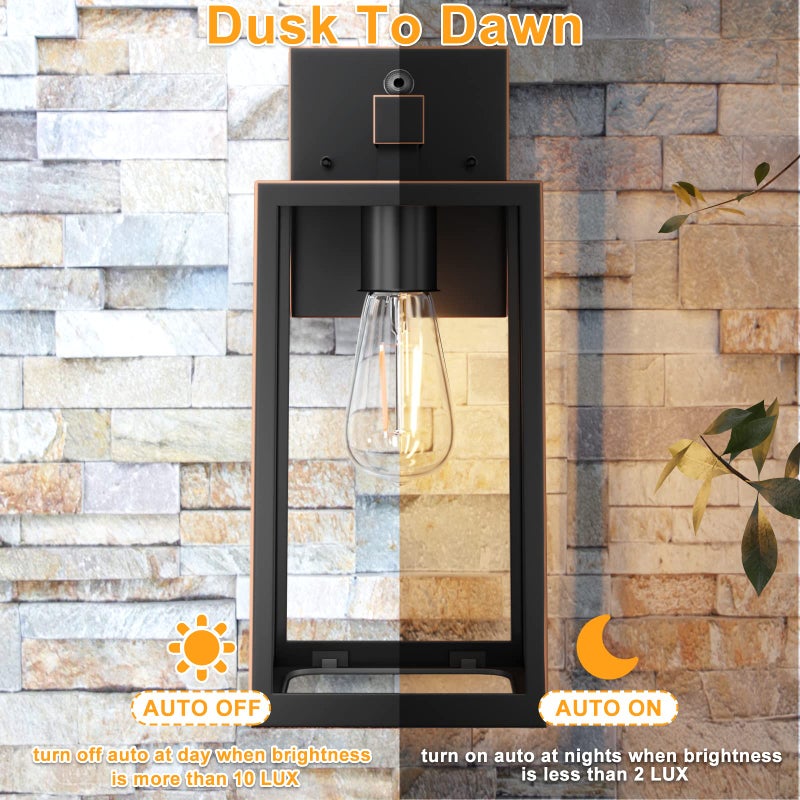 SHINE HAI Dusk to Dawn Outdoor Wall Lantern, Exterior Sensor Light Fixture with E26 Base Socket, Waterproof Wall Mount Sconce with Clear Glass Shade for Garage, Doorway (Oil-Rubbed Bronze) - Image 3