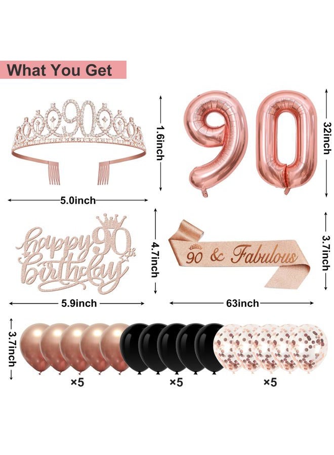 Juesly 90th Birthday Decorations for Women,32PCS 90th Birthday Party Decorations,Including Backdrop, Crown, Sash, banner, Hanging Swirl,Cake Topper,balloons,Paper Fans,Anniversary Card and paper fans - Image 3