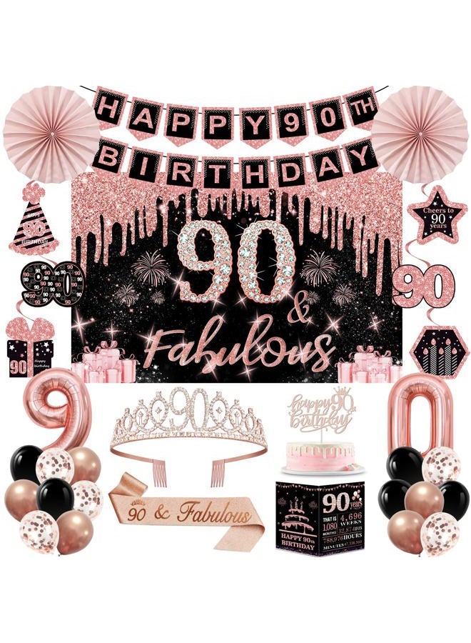 Juesly 90th Birthday Decorations for Women,32PCS 90th Birthday Party Decorations,Including Backdrop, Crown, Sash, banner, Hanging Swirl,Cake Topper,balloons,Paper Fans,Anniversary Card and paper fans - Image 1