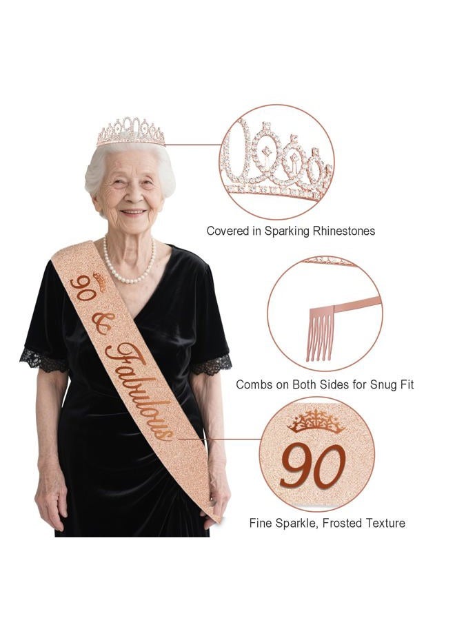 Juesly 90th Birthday Decorations for Women,32PCS 90th Birthday Party Decorations,Including Backdrop, Crown, Sash, banner, Hanging Swirl,Cake Topper,balloons,Paper Fans,Anniversary Card and paper fans - Image 4