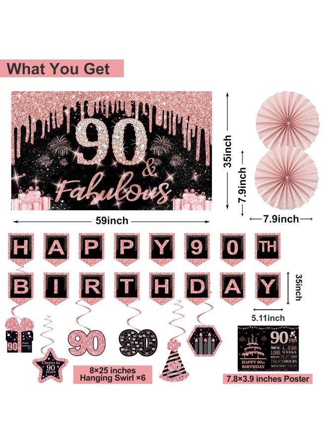 Juesly 90th Birthday Decorations for Women,32PCS 90th Birthday Party Decorations,Including Backdrop, Crown, Sash, banner, Hanging Swirl,Cake Topper,balloons,Paper Fans,Anniversary Card and paper fans - Image 2