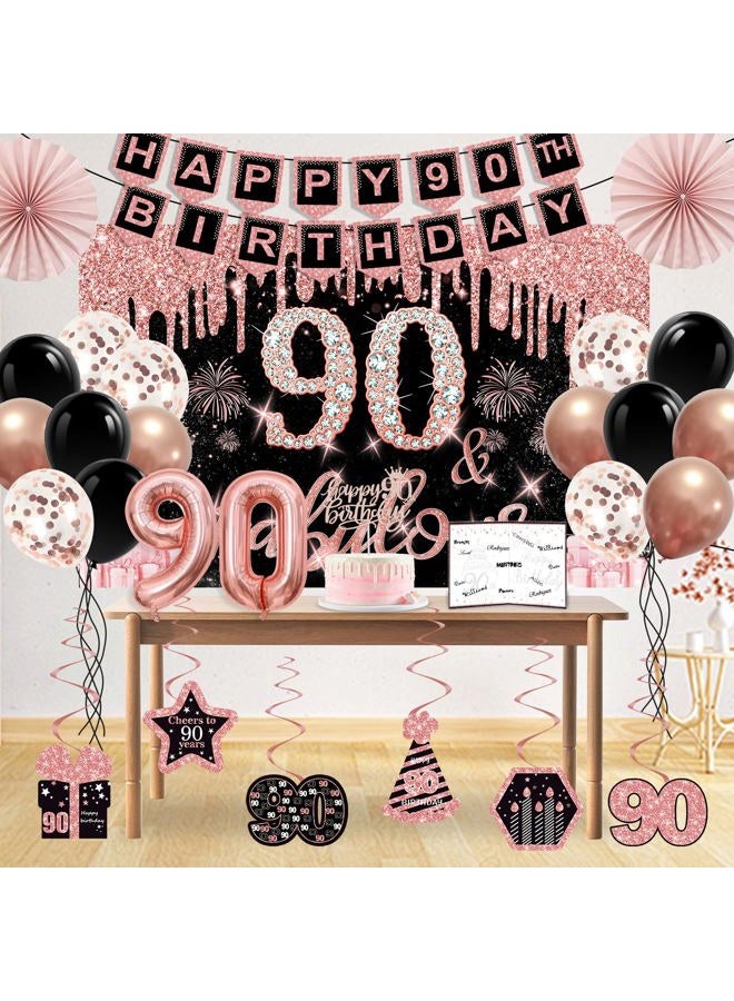 Juesly 90th Birthday Decorations for Women,32PCS 90th Birthday Party Decorations,Including Backdrop, Crown, Sash, banner, Hanging Swirl,Cake Topper,balloons,Paper Fans,Anniversary Card and paper fans - Image 5