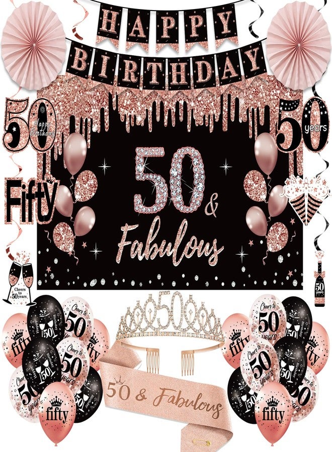 Uiorgui 50th Birthday Decorations for Women, 33pcs 50th Birthday Crown and Sash, Black Rose Gold Happy 50th Birthday Banner Balloons Backdrop Hanging Swirls Paper Fans, 50 Years Old Birthday Decorations Kit - Image 1