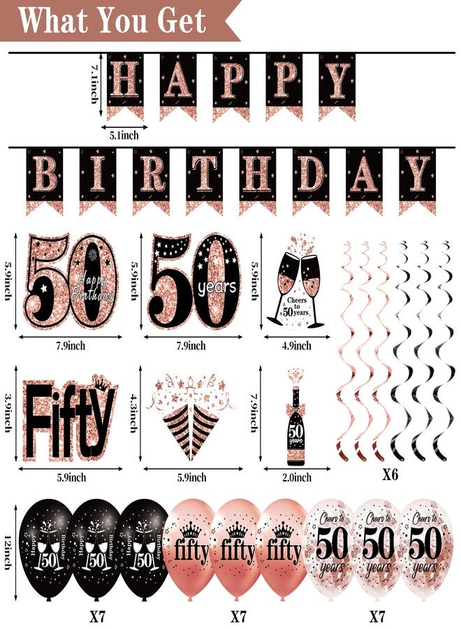 Uiorgui 50th Birthday Decorations for Women, 33pcs 50th Birthday Crown and Sash, Black Rose Gold Happy 50th Birthday Banner Balloons Backdrop Hanging Swirls Paper Fans, 50 Years Old Birthday Decorations Kit - Image 2