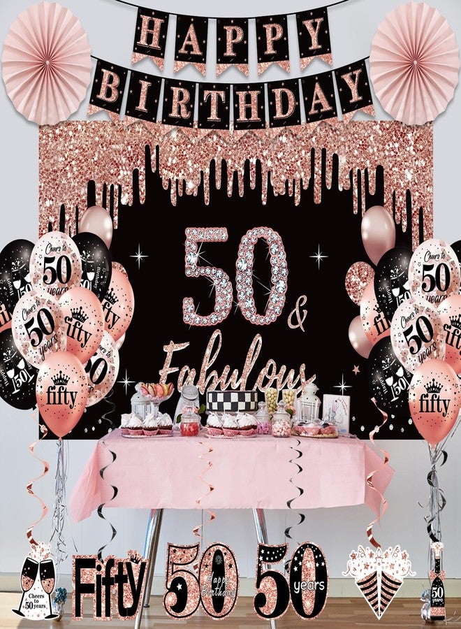 Uiorgui 50th Birthday Decorations for Women, 33pcs 50th Birthday Crown and Sash, Black Rose Gold Happy 50th Birthday Banner Balloons Backdrop Hanging Swirls Paper Fans, 50 Years Old Birthday Decorations Kit - Image 5