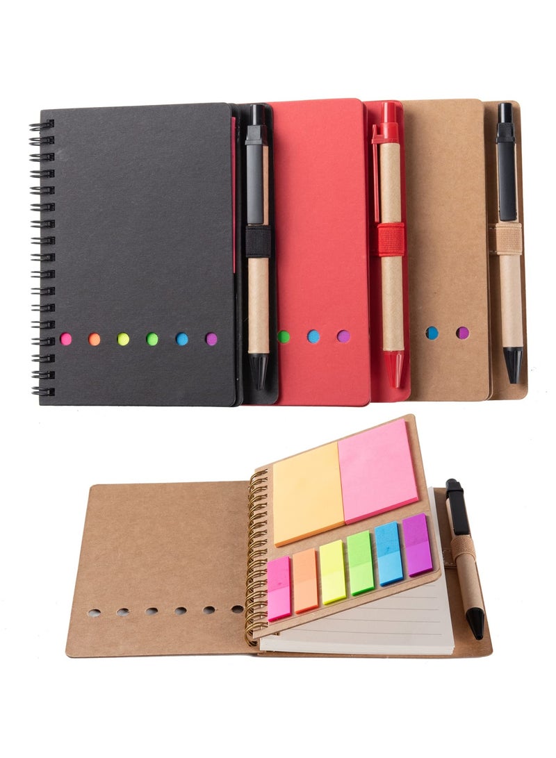 SYOSI Spiral Notebook, 3 Packs Kraft Paper Cover Notepad with Pen in Holder, Sticky Notes Page Marker Colored Index Tabs Flags Steno Pocket Business Notebook(Black Red Brown) - Image 1