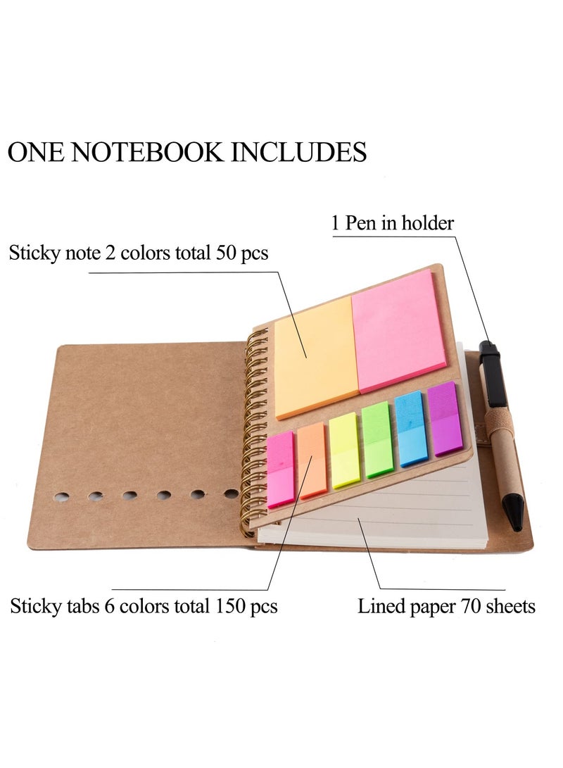 SYOSI Spiral Notebook, 3 Packs Kraft Paper Cover Notepad with Pen in Holder, Sticky Notes Page Marker Colored Index Tabs Flags Steno Pocket Business Notebook(Black Red Brown) - Image 3