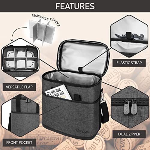 opux 6 Bottle Carrier Tote | Insulated Padded Wine Cooler Bag for Travel. Picnic, BYOB | Portable Leakproof Wine Tote Bag for Dinner, Party, Christmas, Wine Gift for Women, Men (Charcoal Gray) - Image 4