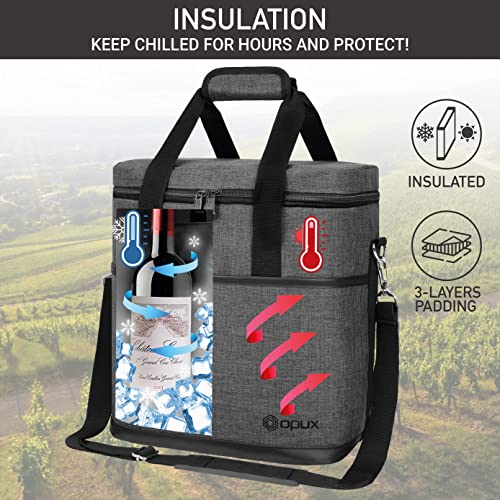 opux 6 Bottle Carrier Tote | Insulated Padded Wine Cooler Bag for Travel. Picnic, BYOB | Portable Leakproof Wine Tote Bag for Dinner, Party, Christmas, Wine Gift for Women, Men (Charcoal Gray) - Image 2