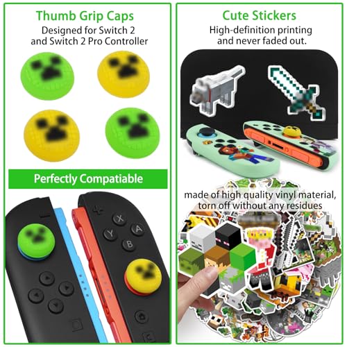 TIKOdirect Carrying Case Accessories Bundle for Switch 2 2025, Portable Travel Case with Protective Cover, Screen Protectors, 4 Thumb Grip caps and Cute Stickers, Green - Image 4