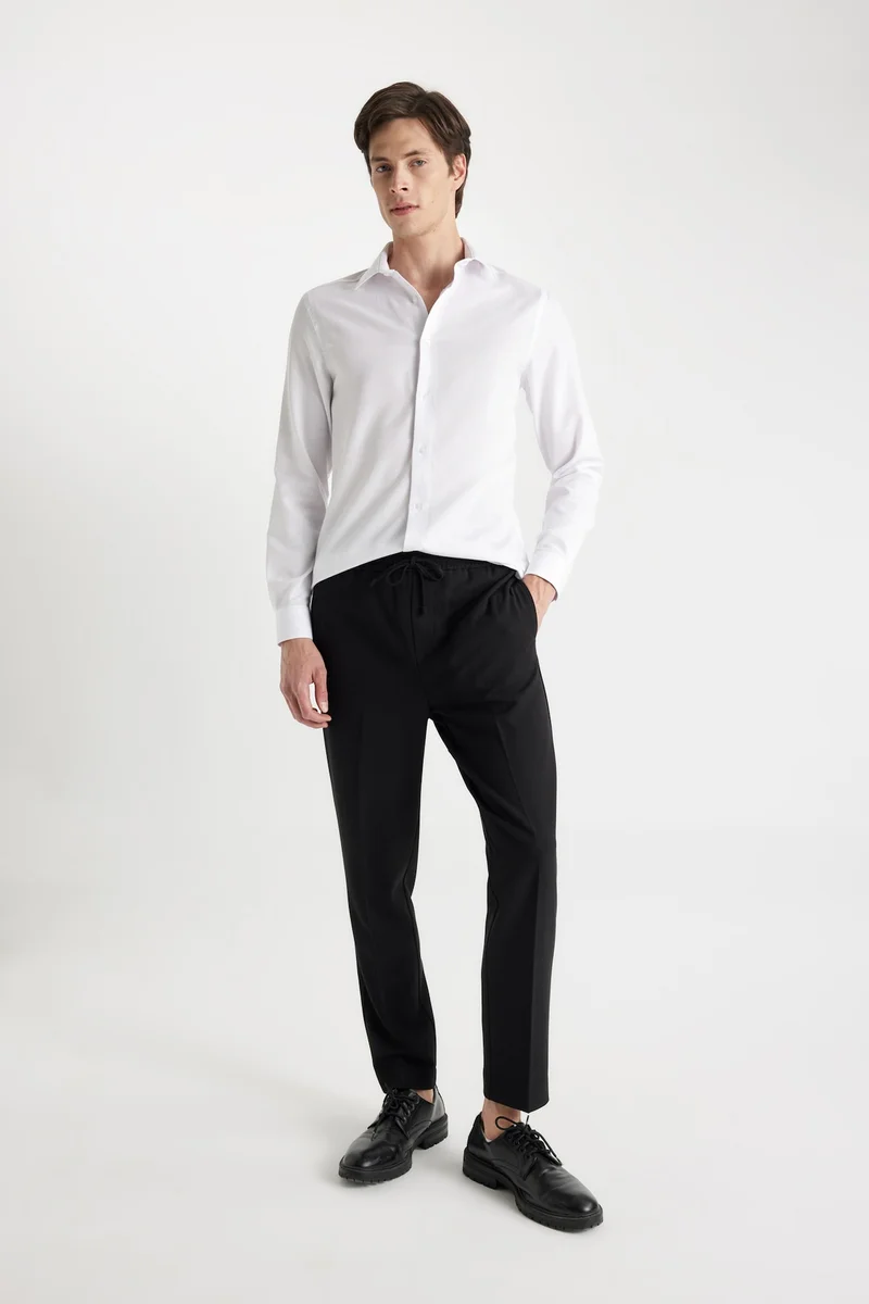 ديفاكتو Modern Fit Polo Collar Poplin Long Sleeve Shirt