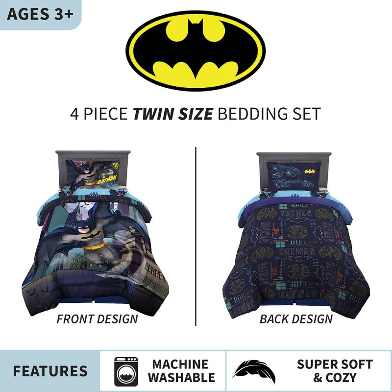 Franco Kids Bedding Super Soft Comforter and Sheet Set, 4 Piece Twin Size, Batman - Image 2