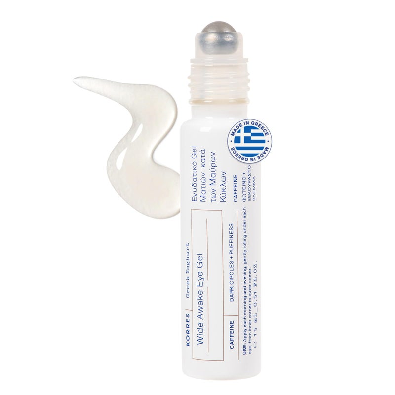 KORRES Greek Yoghurt Wide Awake Eye Gel Serum with Hyaluronic Acid & Caffeine for Dark Circles & Puffy Eyes, Roller Ball, Brightening & Hydrating, 0.51 fl oz, Stocking Stuffer - Image 1