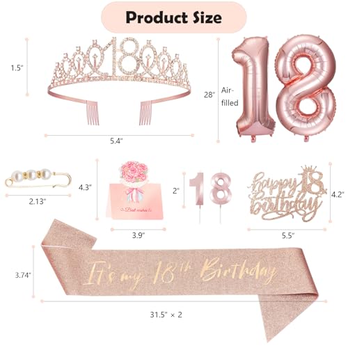 Awfrky 18th birthday decorations for girls, Including 18th Happy Birthday Gifts Queen Sash with Pearl Pin, Sweet Rhinestone Tiara Crown, Cake Toppers, Number Candles and Balloons Set, Rose Gold - Image 2