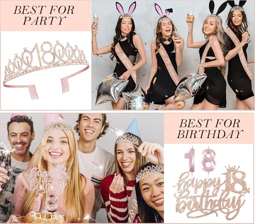 Awfrky 18th birthday decorations for girls, Including 18th Happy Birthday Gifts Queen Sash with Pearl Pin, Sweet Rhinestone Tiara Crown, Cake Toppers, Number Candles and Balloons Set, Rose Gold - Image 5