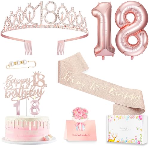 Awfrky 18th birthday decorations for girls, Including 18th Happy Birthday Gifts Queen Sash with Pearl Pin, Sweet Rhinestone Tiara Crown, Cake Toppers, Number Candles and Balloons Set, Rose Gold - Image 1