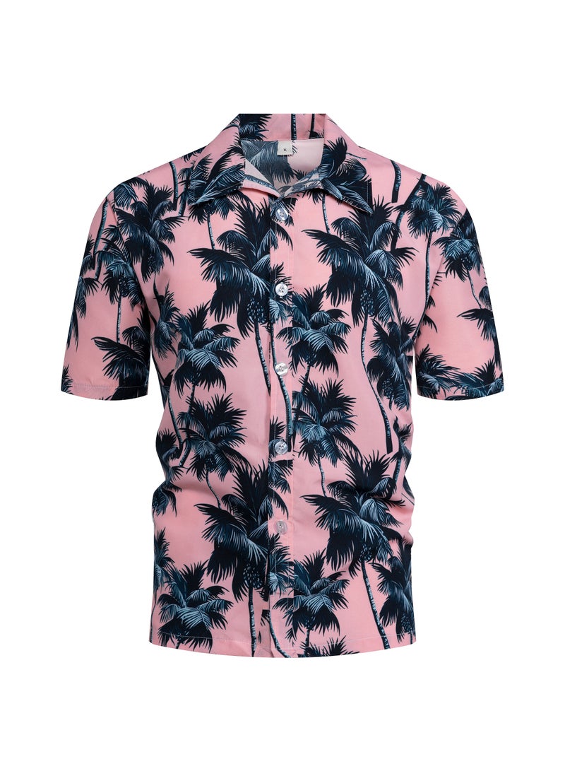 Loquat Leaves Printed Short Sleeves Shirt Pink  - Image 1