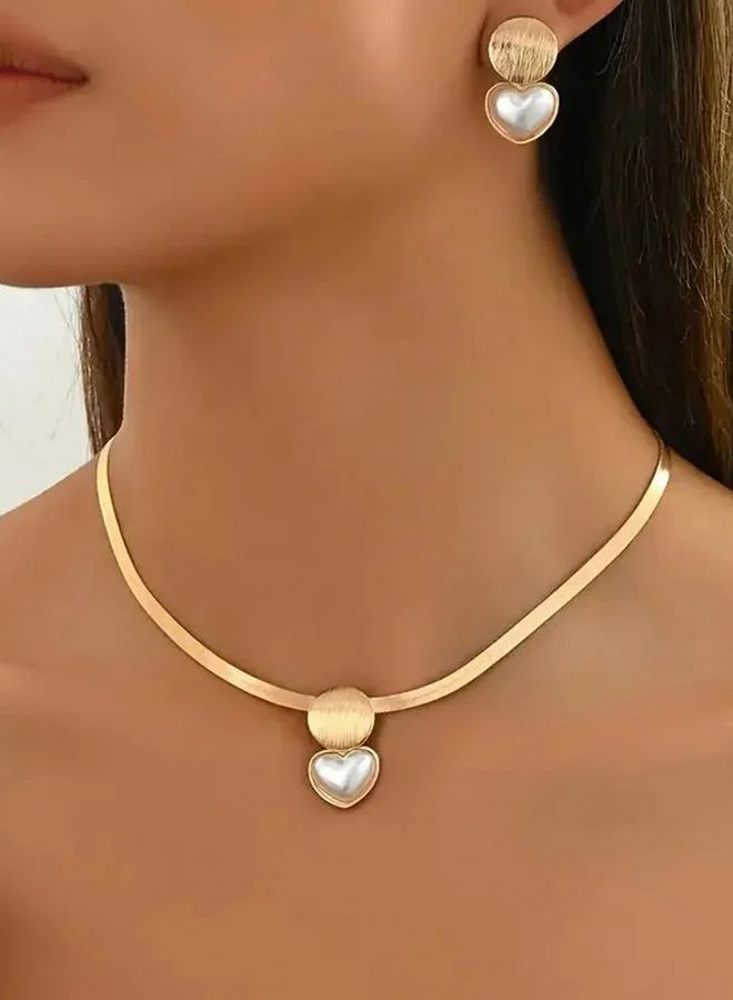 Take Two Take Two Faux Pearl Heart Shape Necklace and Earrings Jewelry Set