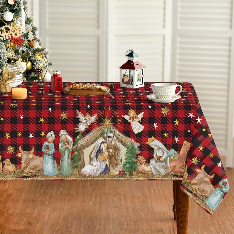 Horaldaily Christmas Tablecloth 6084 Inch Holy Nativity Red Buffalo Plaid Washable Table Cover for Party Picnic Dinner Decor - Image 1