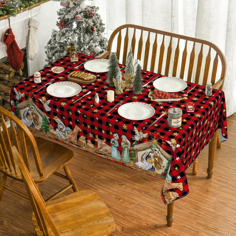 Horaldaily Christmas Tablecloth 6084 Inch Holy Nativity Red Buffalo Plaid Washable Table Cover for Party Picnic Dinner Decor - Image 2
