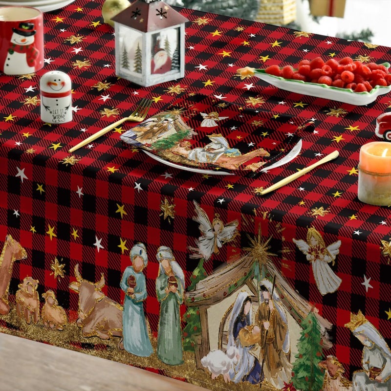 Horaldaily Christmas Tablecloth 6084 Inch Holy Nativity Red Buffalo Plaid Washable Table Cover for Party Picnic Dinner Decor - Image 4