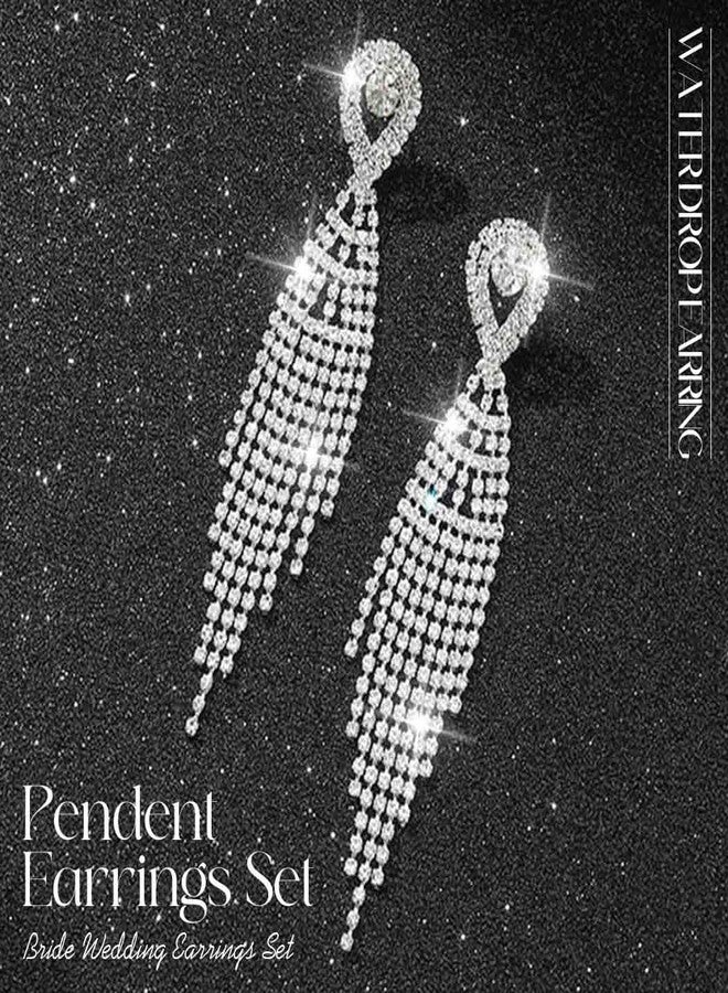 Unicra Long Tassel Rhinestone Earrings Silver Diamond Dangle Earrings Jewelry Sets Crystal Bridal Wedding Earrings Accessories for Women and Brides (Silver) - Image 3