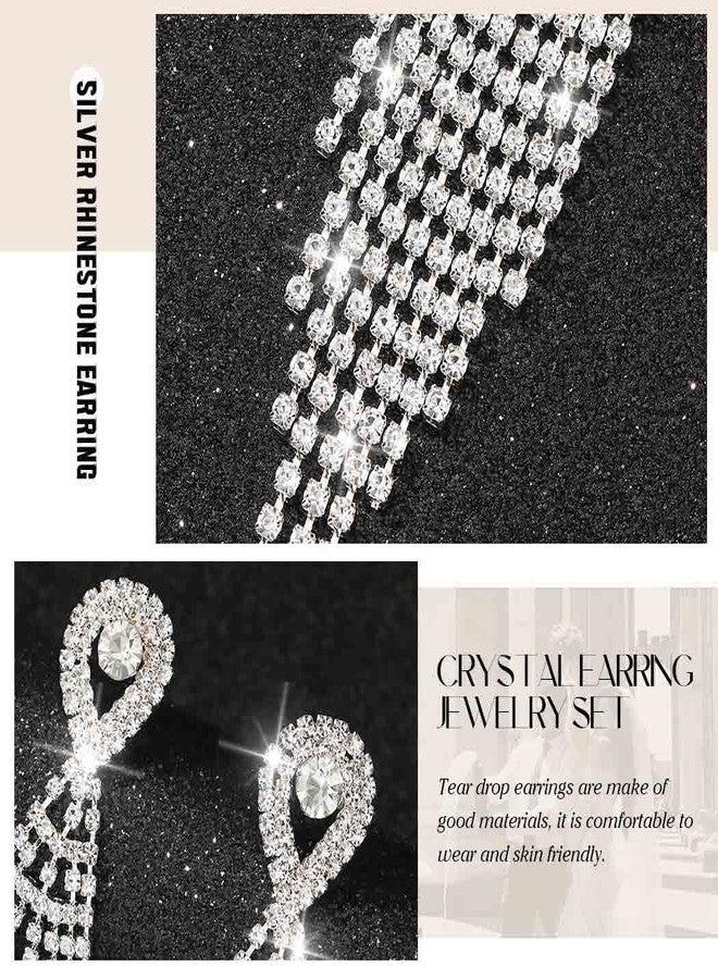 Unicra Long Tassel Rhinestone Earrings Silver Diamond Dangle Earrings Jewelry Sets Crystal Bridal Wedding Earrings Accessories for Women and Brides (Silver) - Image 5