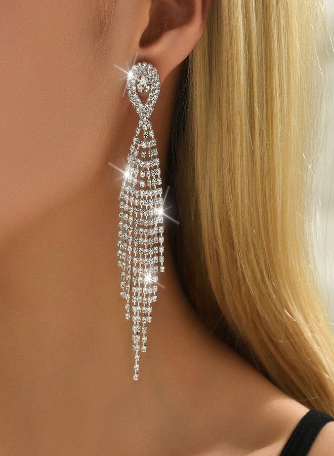 Unicra Long Tassel Rhinestone Earrings Silver Diamond Dangle Earrings Jewelry Sets Crystal Bridal Wedding Earrings Accessories for Women and Brides (Silver) - Image 2