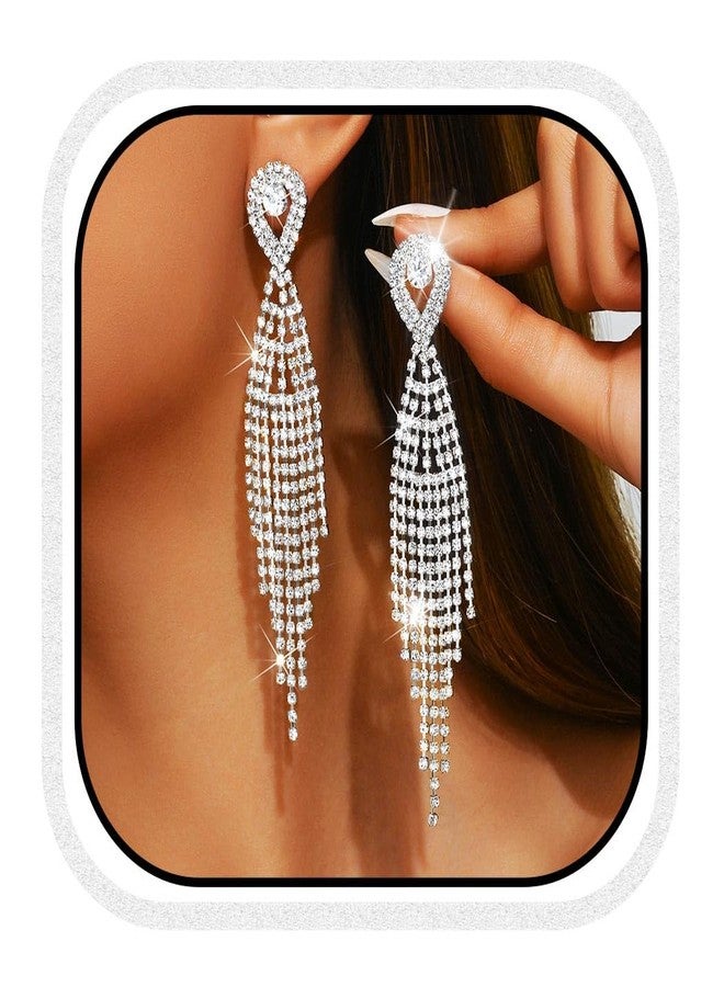 Unicra Long Tassel Rhinestone Earrings Silver Diamond Dangle Earrings Jewelry Sets Crystal Bridal Wedding Earrings Accessories for Women and Brides (Silver) - Image 1