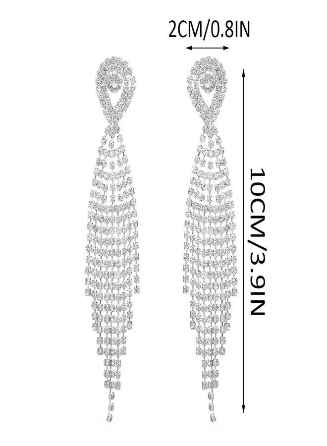 Unicra Long Tassel Rhinestone Earrings Silver Diamond Dangle Earrings Jewelry Sets Crystal Bridal Wedding Earrings Accessories for Women and Brides (Silver) - Image 4