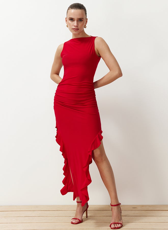trendyol Red Bodycone Slit Ruffle Detailed Flexible Thick Sandy Maxi Pencil Dress - Image 1