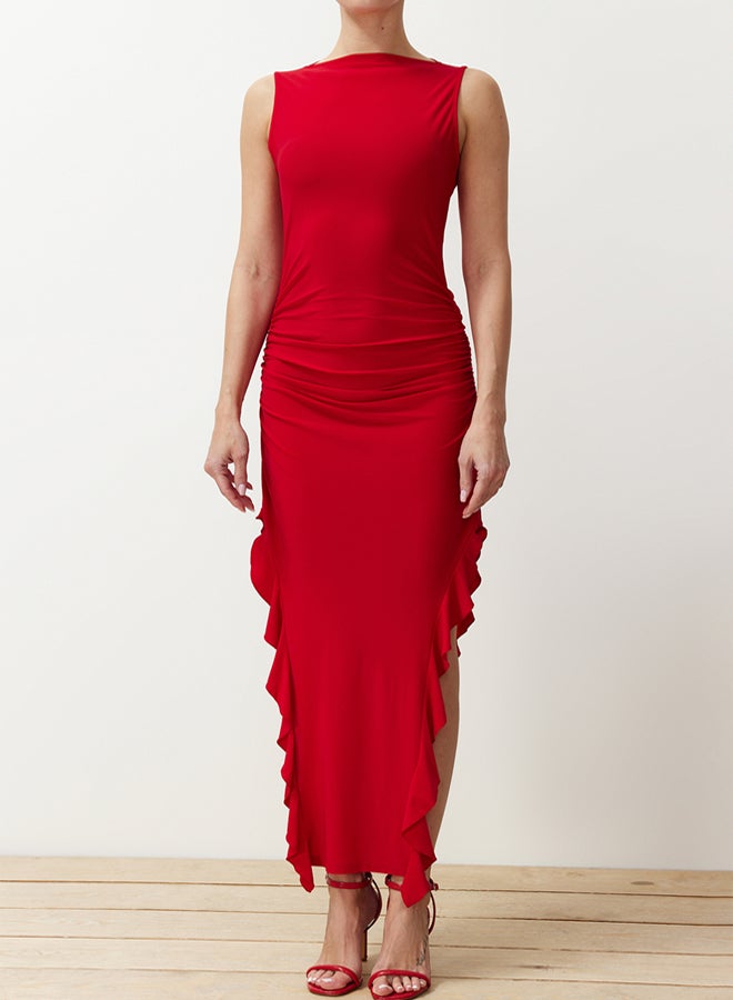 trendyol Red Bodycone Slit Ruffle Detailed Flexible Thick Sandy Maxi Pencil Dress - Image 5