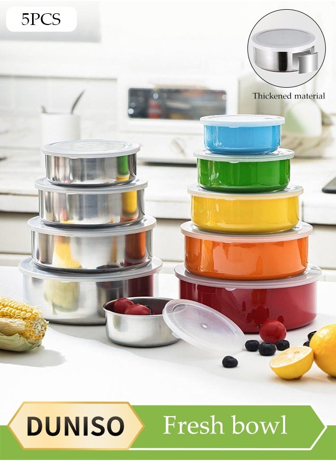DUNISO 5 Pcs Stainless Steel Fresh-Keeping Boxes, Thickened Anti Drop Storage Tank, Multifunctional Circular Covered Storage Bowl, Easy To Clean，Stackable, Suitable For Use In Home Restaurants, Schools, And Offices  - Image 1