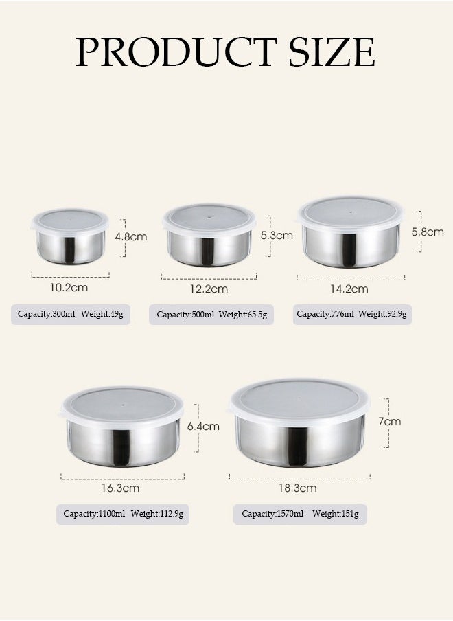 DUNISO 5 Pcs Stainless Steel Fresh-Keeping Boxes, Thickened Anti Drop Storage Tank, Multifunctional Circular Covered Storage Bowl, Easy To Clean，Stackable, Suitable For Use In Home Restaurants, Schools, And Offices  - Image 2