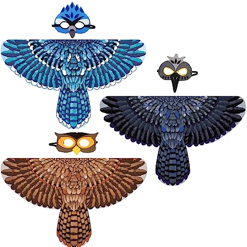 D.Q.Z Bird-Wings-Costumes for Kids with Bird Masks, 3 Pack Eagle Owl Wings for Boys Girls Halloween Dress Up Party Supplies (Owl) - Image 1