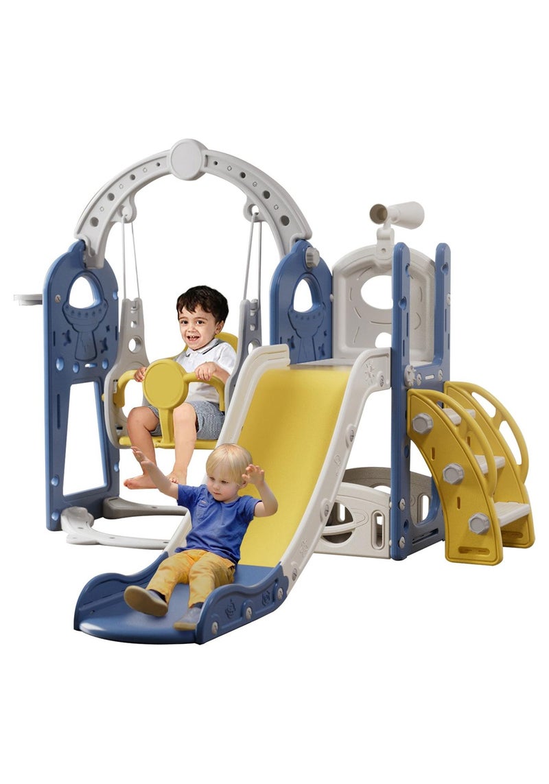 بوكولا مجموعة زلاجة وأرجوحة للأطفال 5 في 1 مع حلقة كرة سلة وتخزين، تلسكوب، مجموعة زلاجة للأطفال الصغار للتسلق في الأماكن المغلقة والمفتوحة، 138*155*114 سم - Image 1