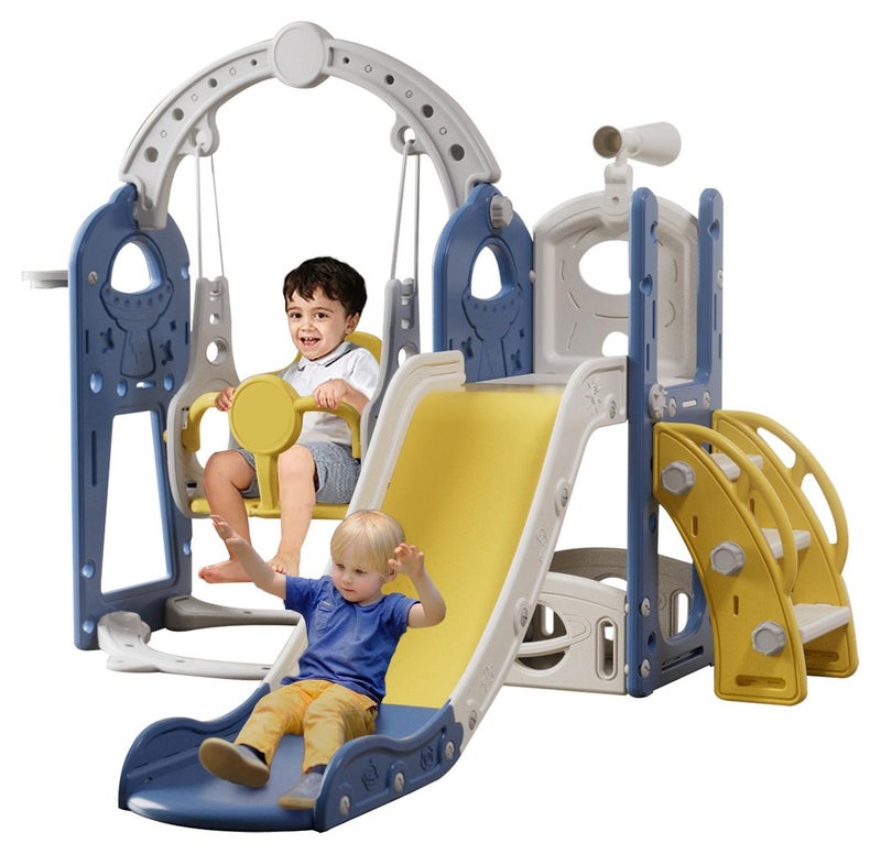 Pokuula 5-In-1 Kids Slide and Swing Set With Basketball Hoop and Storage, Telescope, Indoor Outdoor Toddler Slide Set Climber Indoor Outdoor Playground, 138*155*114cm - Image 1