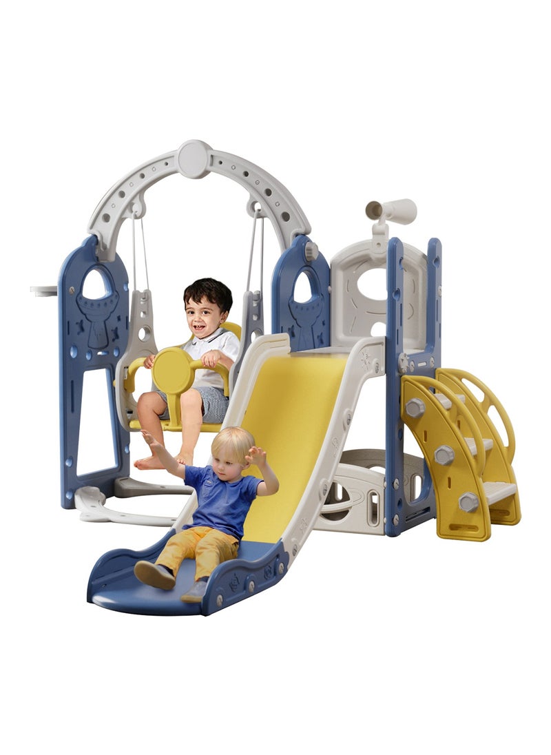 Pokuula 5-In-1 Kids Slide and Swing Set With Basketball Hoop and Storage, Telescope, Indoor Outdoor Toddler Slide Set Climber Indoor Outdoor Playground, 138*155*114cm  - Image 1