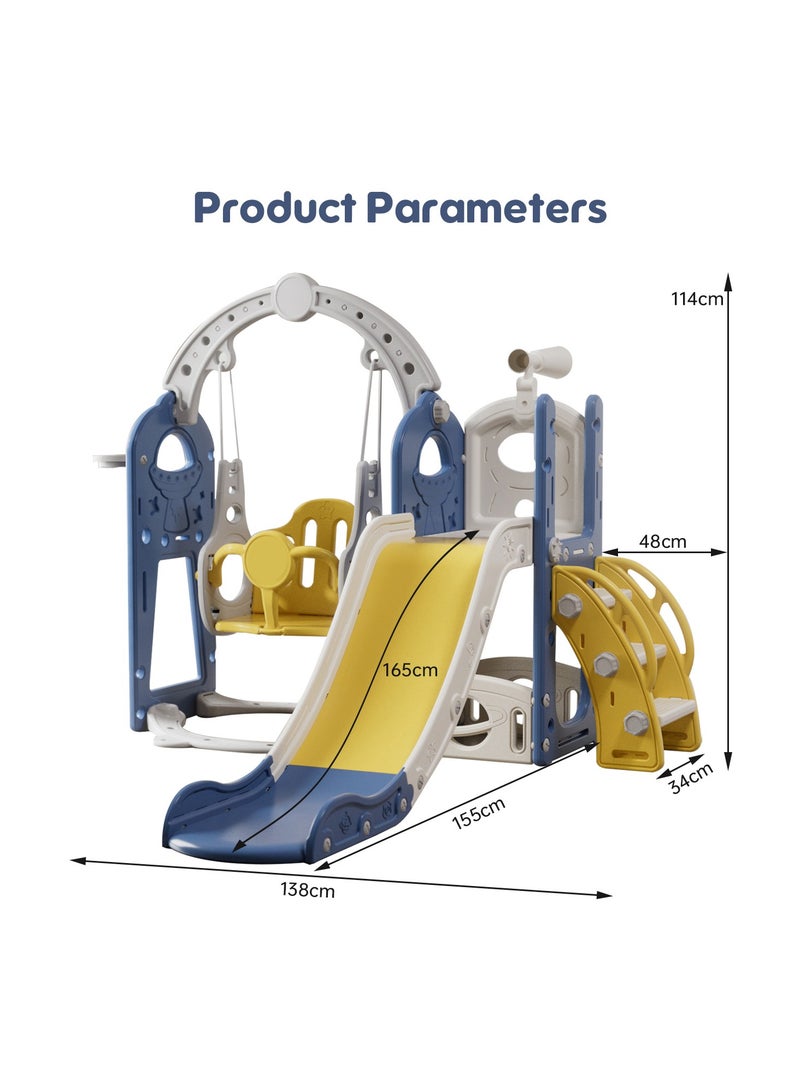 5-In-1 Kids Slide and Swing Set With Basketball Hoop and Storage, Telescope, Indoor Outdoor Toddler Slide Set Climber Indoor Outdoor Playground, 138*155*114cm