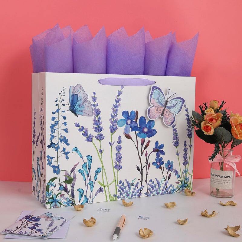 Qirrmiy 16.5" Extra Large Purple Gift Bag Set with Greeting Card and Tissue Papers (Lavender and 3D Butterfly) for Women's Birthday Party, Mothers' Day, Girls' or Kids', Wedding, Valentine's Day - Image 5