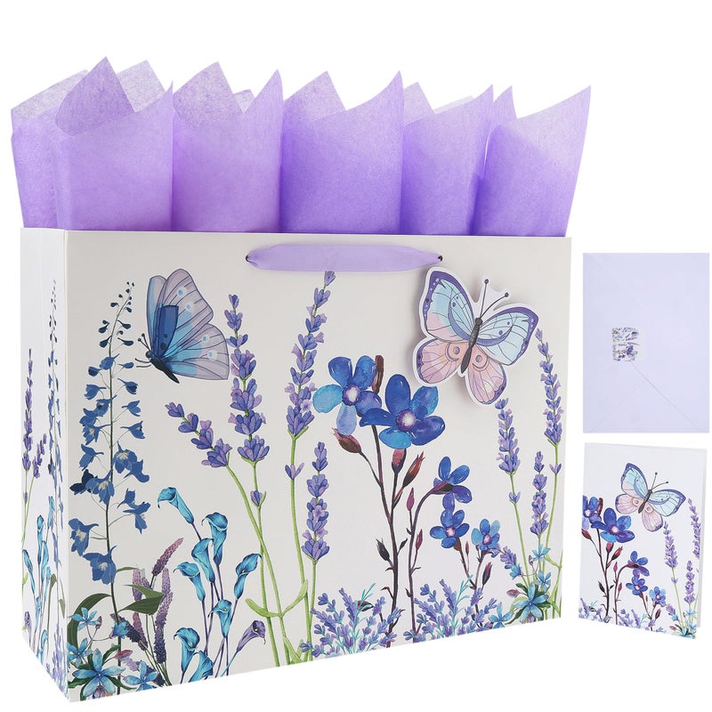Qirrmiy 16.5" Extra Large Purple Gift Bag Set with Greeting Card and Tissue Papers (Lavender and 3D Butterfly) for Women's Birthday Party, Mothers' Day, Girls' or Kids', Wedding, Valentine's Day - Image 1